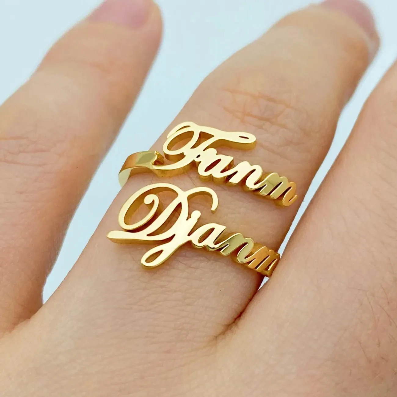Custom Double Name Ring Personalized Two Names Script Ring Adjustable Open Stacking Ring For Couple Stainless Steel Jewelry