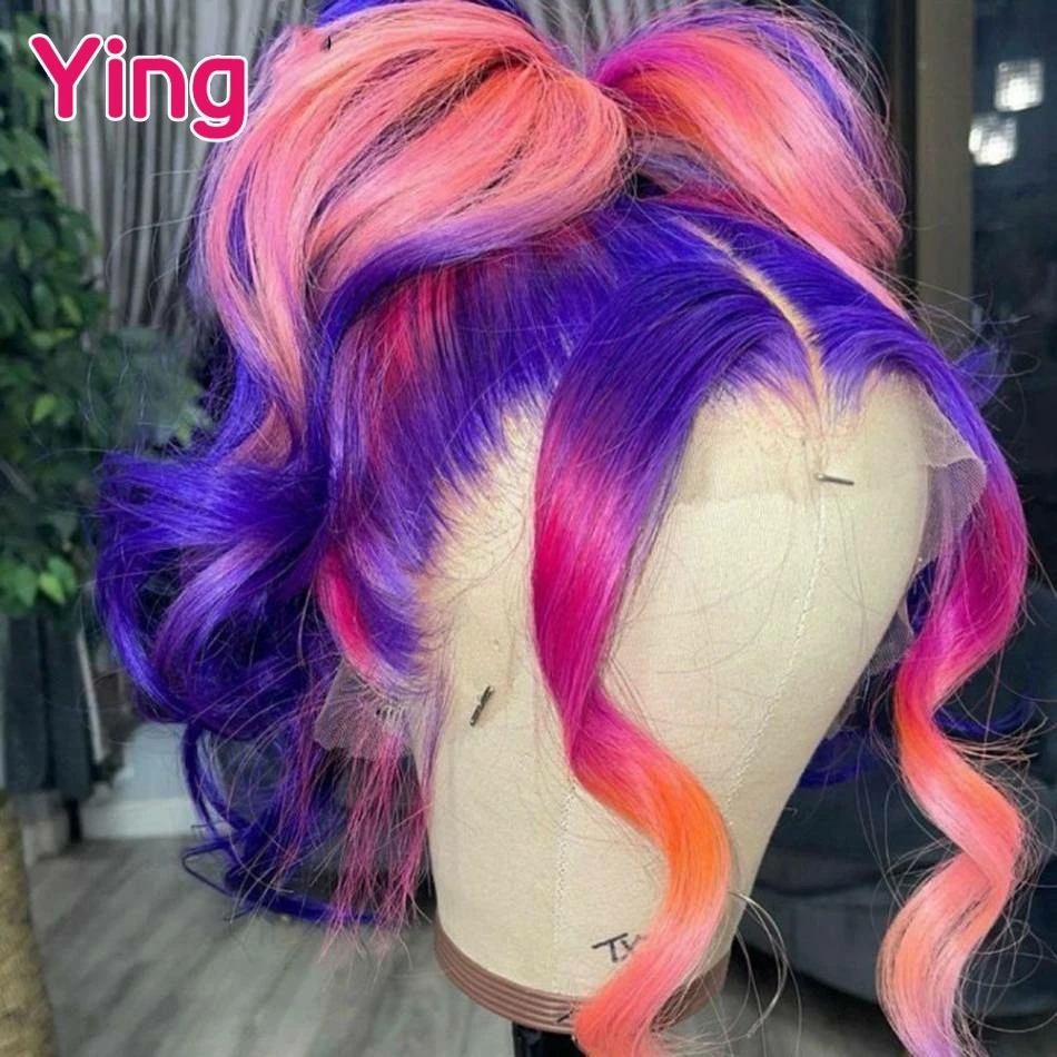 Ying roxo rosa com laranja colorido onda do corpo 13x6 peruca dianteira do laço pré-selecionado com cabelo do bebê 13x4 perucas frontais do laço cabelo humano