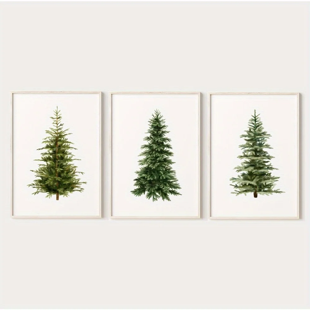 (No frame)3pcs Canvas Painting Set (Unframed) - Christmas Tree Prints, Winter Watercolor Art, Holiday Tree Posters