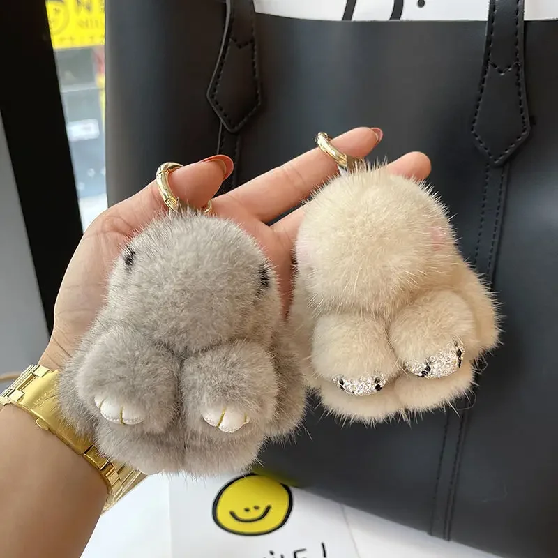 Cute Long Ear Bunny Keychain Real Mink Fur Rabbit Doll Pendant Toys Keyring Handbag Charm Ornament Pompom Plush Jewelry Gifts
