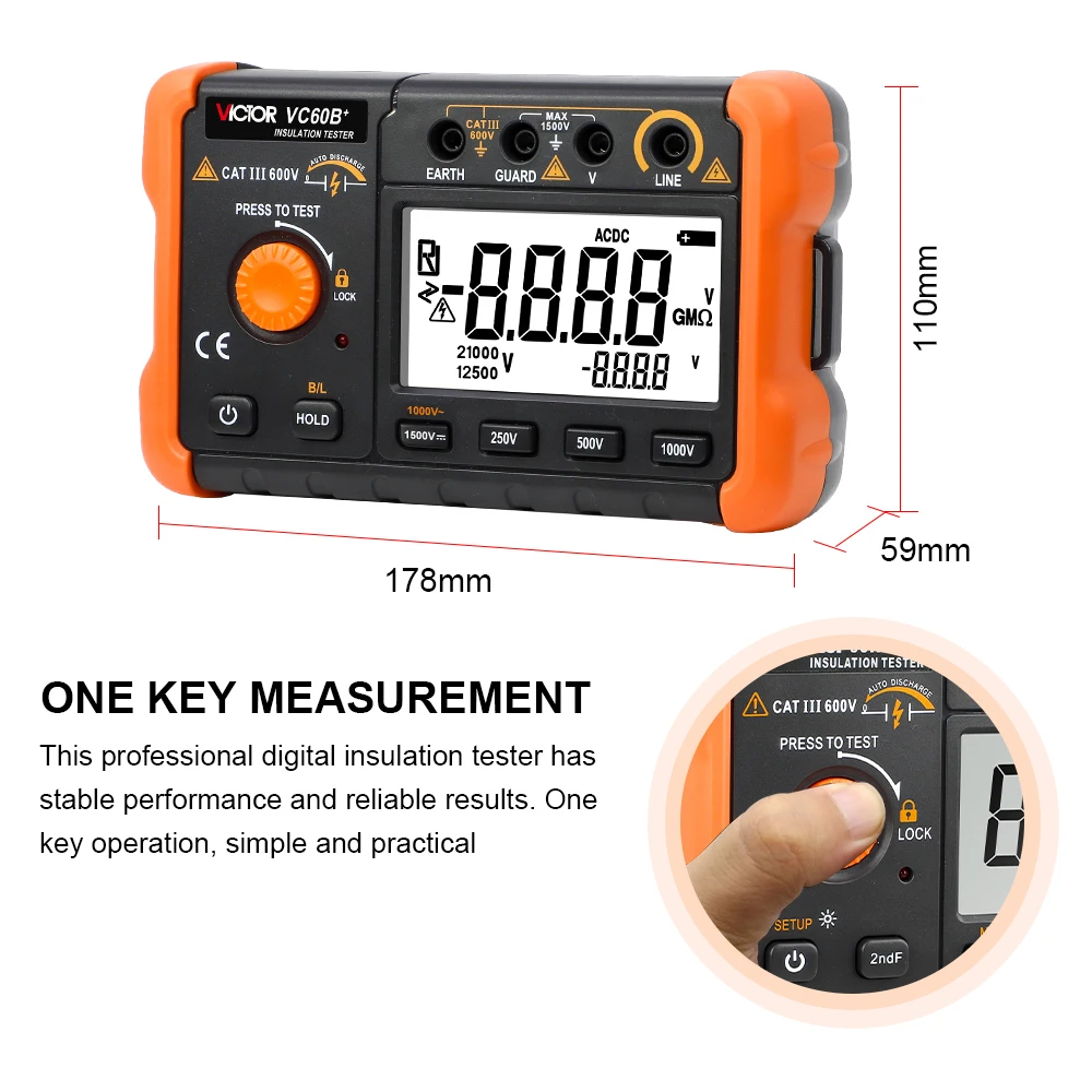 VICTOR VC60B+ 5000 Digit LCD Display New Version 250V 500V 1000V Digital Insulation Resistance Tester Indoor Outdoor Use