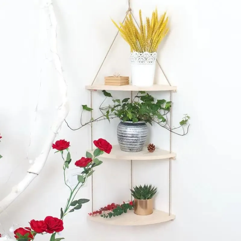 Rustic Wooden Wall Hanging Shelf with Swinging Rope Floating Display Rack for Living Room Home Decor Organizer