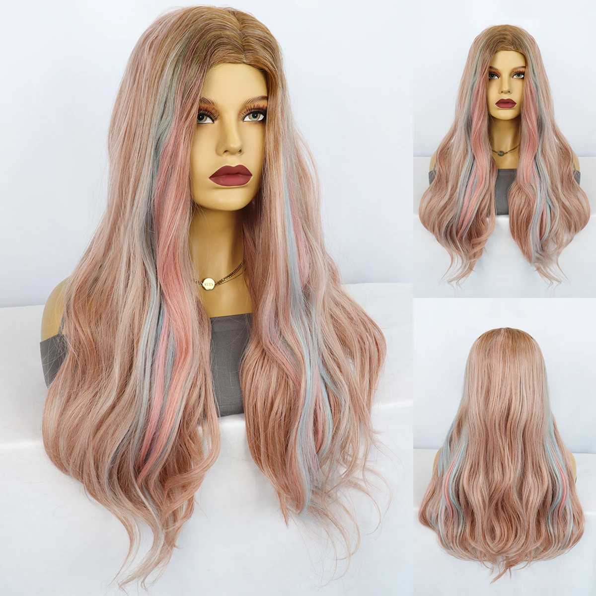 

Pastel Pink Blue Highlight Long Wavy Synthetic Wig Middle Part Heat Resistant Wigs For Women European Daily Cosplay