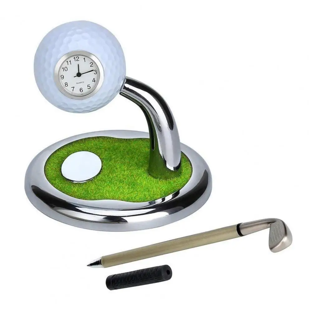 Office Golf Decor Ornament Mini Desktop Golf Watch Pen Holder with Clock Smooth Writing Golf Ball Pen Home Office Ornament Set