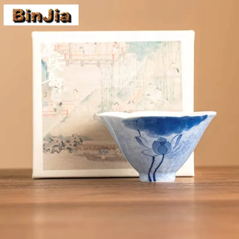 

85Ml Hand-Painted Blue Lotus Teacup Three Petal Hat Cup Dehua White Porcelain Tasting Tea Bowl Master Chazhan Kung Fu Teaset