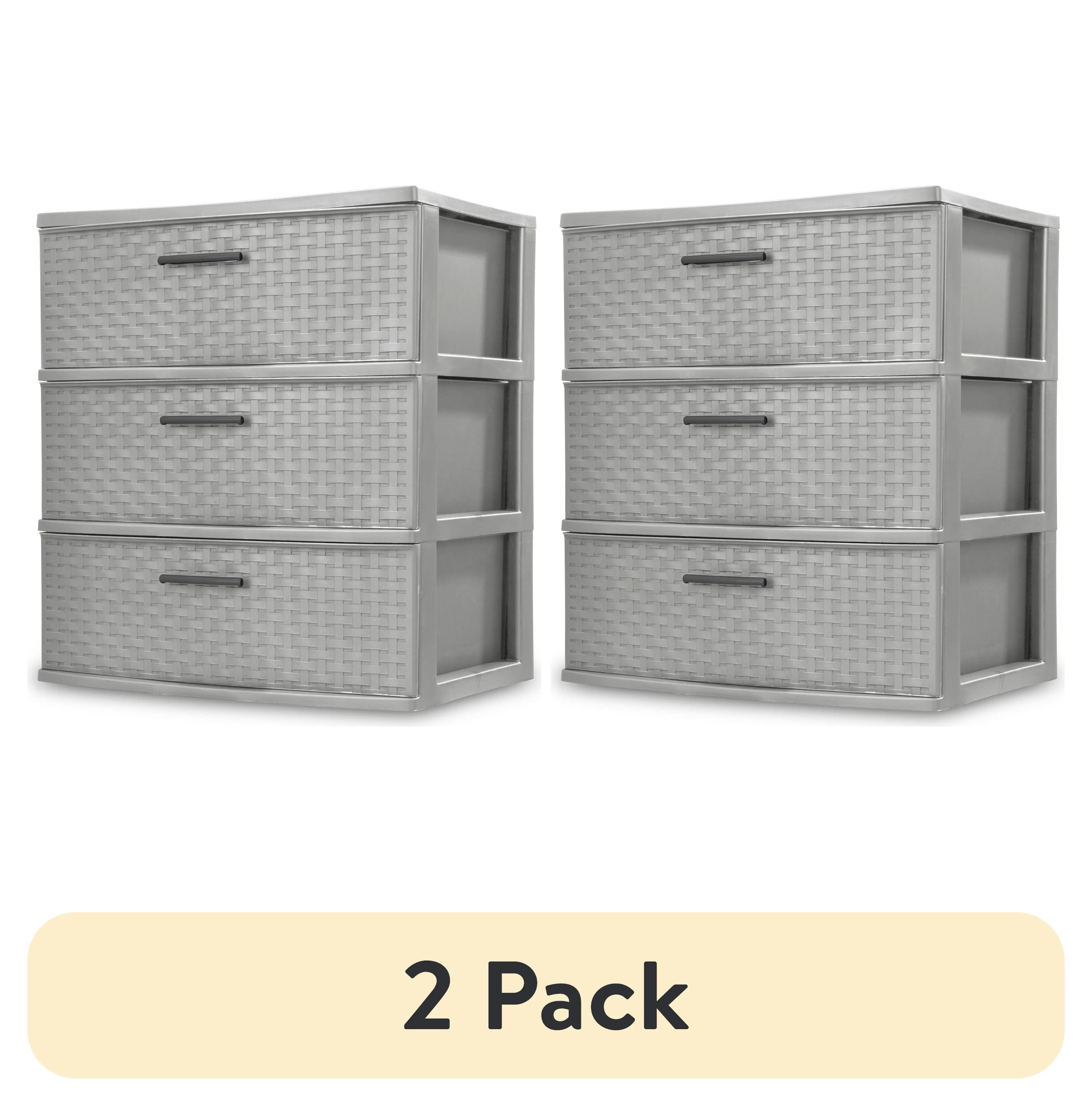 

(2 pack) Sterilite Storage Drawer, 3 Drawer Plastic Weave Wide Tower with Pull Handles, Gray