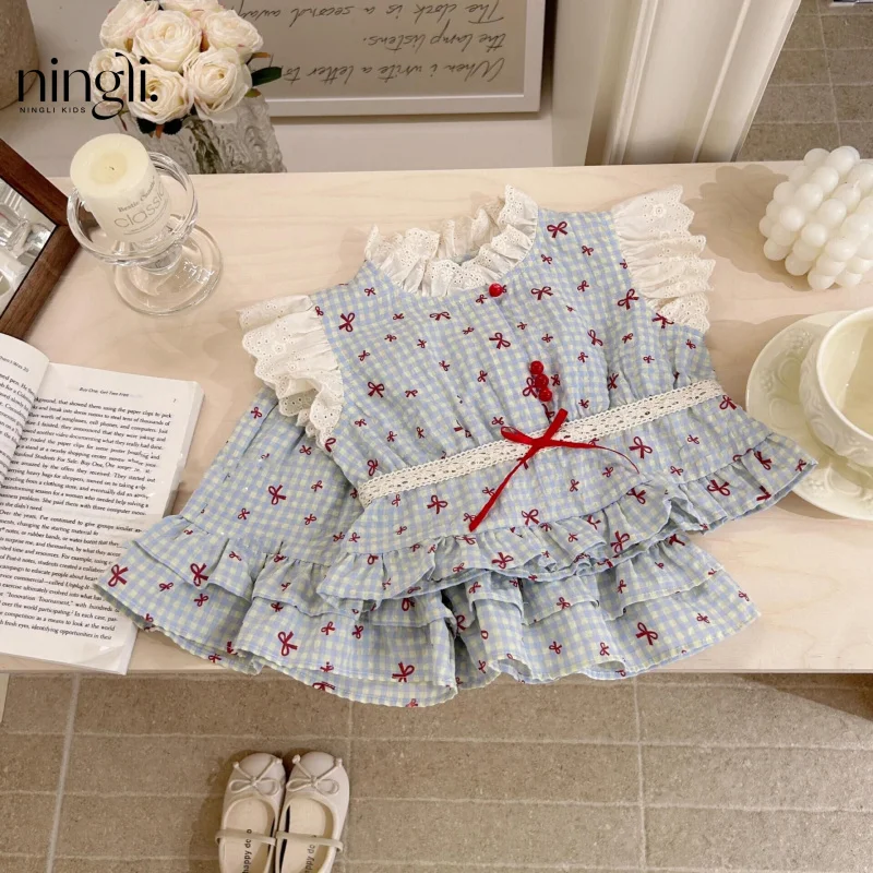 

Girls' Summer Outfit Set Children's Plaid New Two-Piece Sweet Baby Bow Two-Piece Trendy