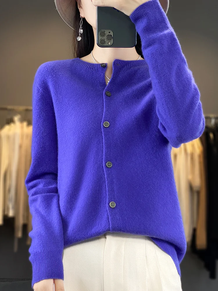 

100% Merino Wool Knitwear Women O-neck Sweater Cardigan Classical Cashmere Long Sleeve Spring Autumn Fashion Female Clothing Top