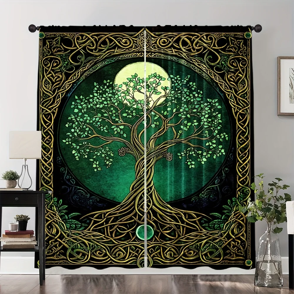 2pcs Celtic Tree of Life Print Curtains Moon Pattern Mystical Style Polyester Window Drapes for Bedroom Living Room