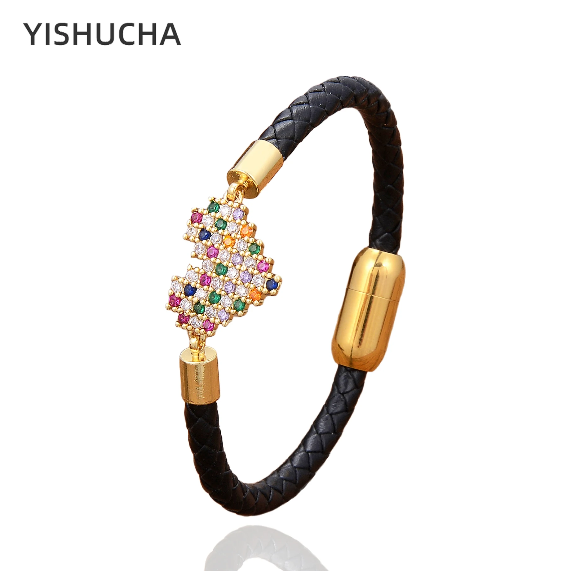 

YISHUCHA Sweet Love Heart Zircon Charm Bracelet For Women Classic Leather Chain Couple Bracelets Girls Romantic Jewelry Gift