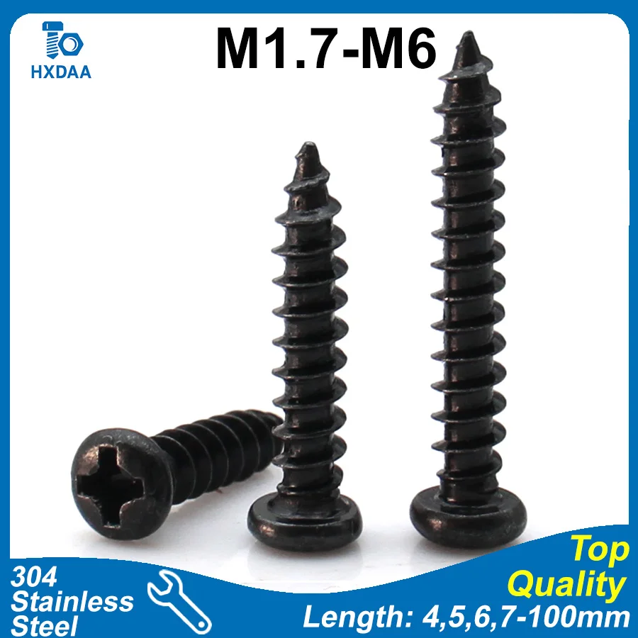 5-80pcs 304 Stainless Steel Phillips Black Pan Head Self Tapping Screws Cross Recessed Screw M1.7 M2 M2.3 M2.6 M3 M3.5 M4 M5 M6
