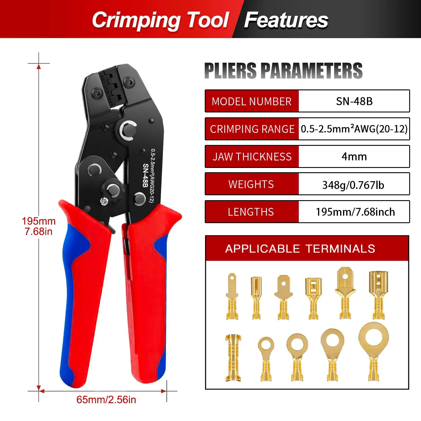 Open Terminal Connector Crimping Tool Kit,2.8/4.8/6.3mm AWG24-12 Crimper for Connectors,Male Female Spade and Ring Terminal