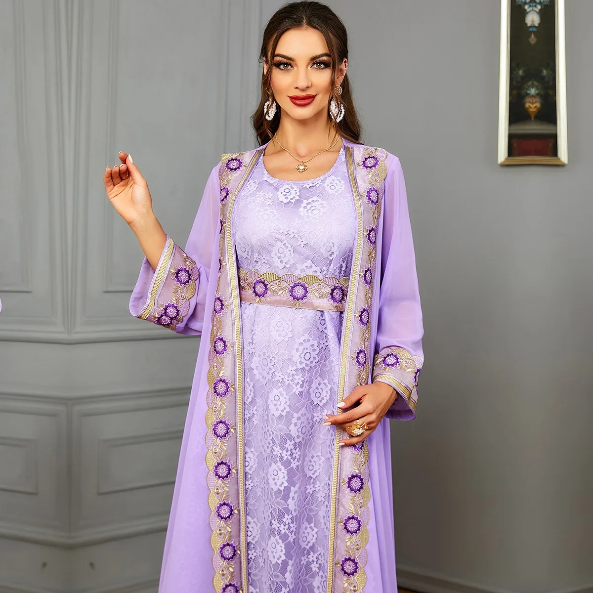 Imagem -02 - Conjunto Muçulmano de Duas Peças para Mulheres Renda Chiffon Caftan Marroquino Elegante Abaya Vestido Longo Cardigã de Quimono Manga Comprida Abays