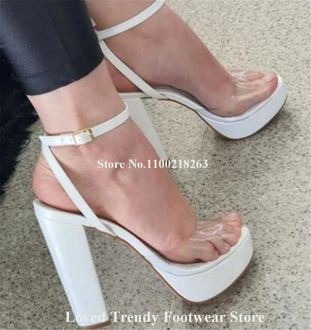 

Elegant Clear PVC Patchwork Thick Heel Sandals Peep Toe High Platform White Nude Black Matte Leather Chunky Heel Dress Heels