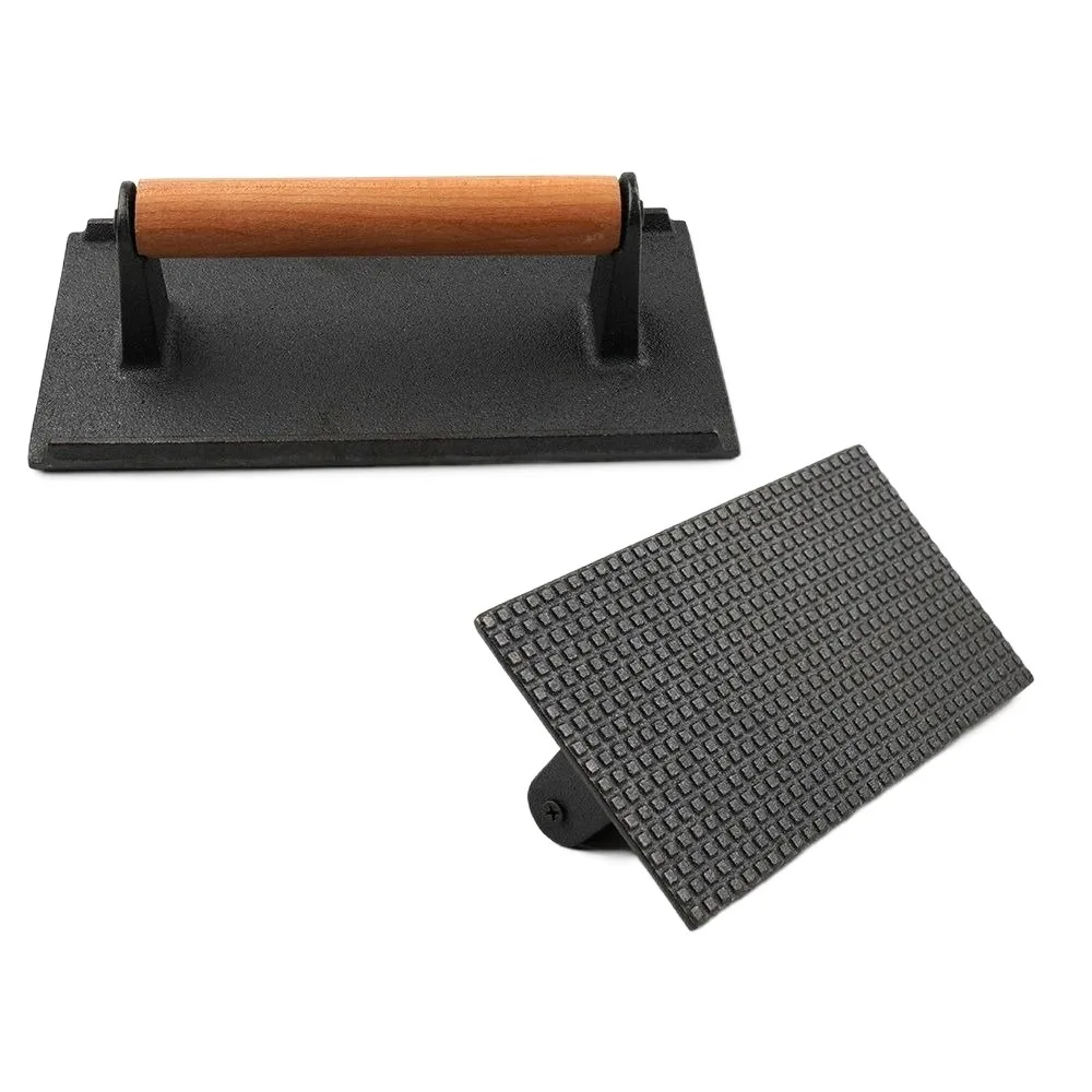 

Cast Iron Meat Press Board Flat Top Heavy-Duty Steak Burger Press Wooden Handle Round Rectangular Grill Hamburger Grinder