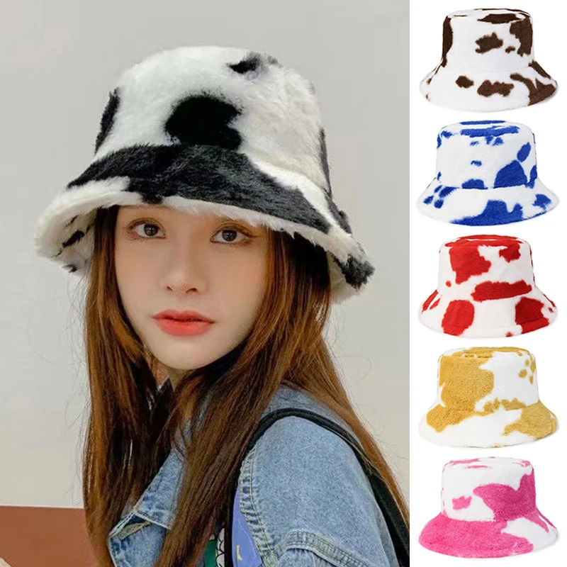 2022 Winter Warm Faux Fur Fluffy Cow Print Bucket Hats Women Outdoor Ski Hat Soft Velvet Furry Fisherman Cap Girl Fashion Panama