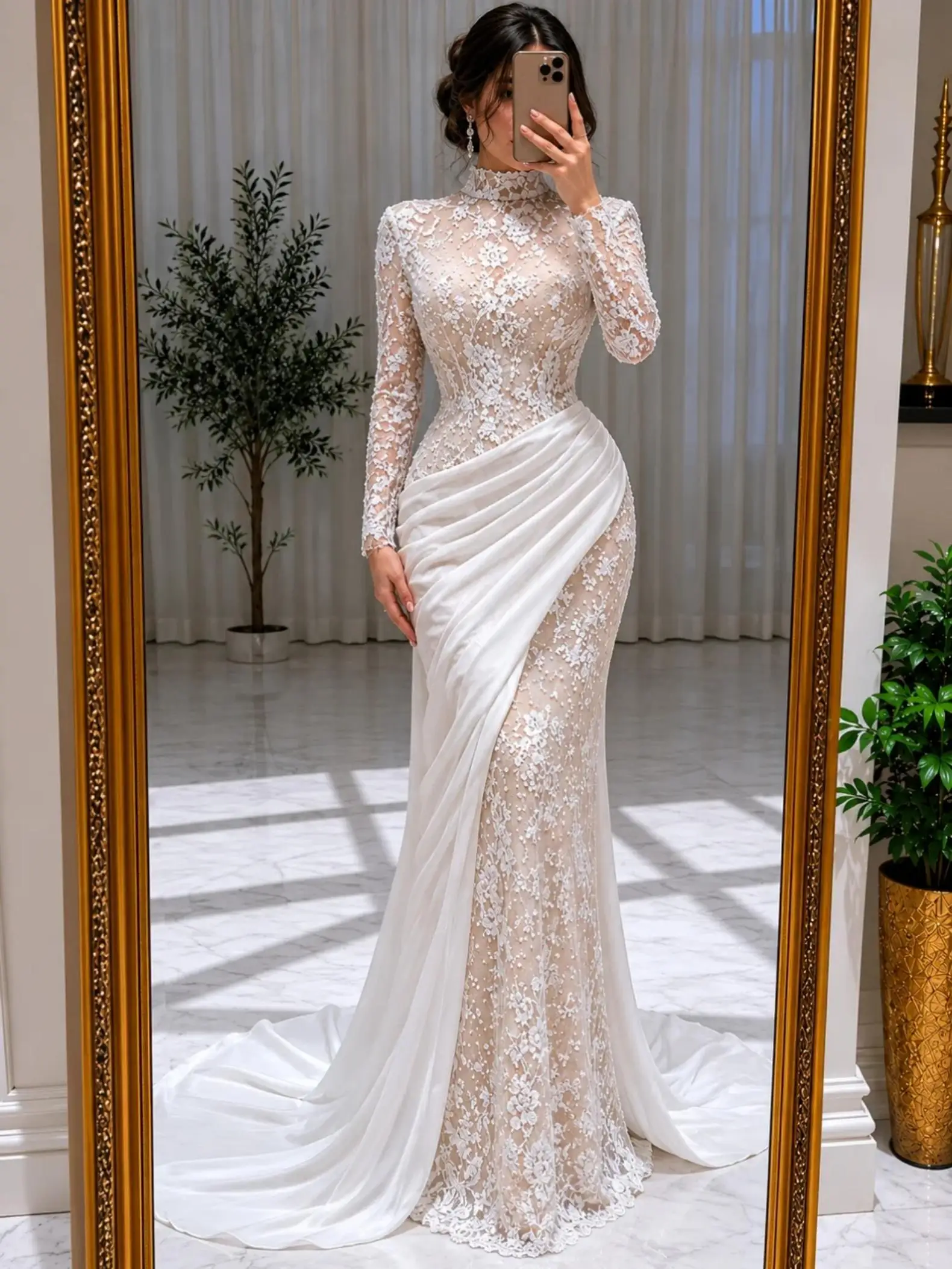 

CustomizedFormal White Mermaid Prom Dresses High Collar Handmade Lace Pearls Watteau Train Elegant Evening Dresses Bridal Party