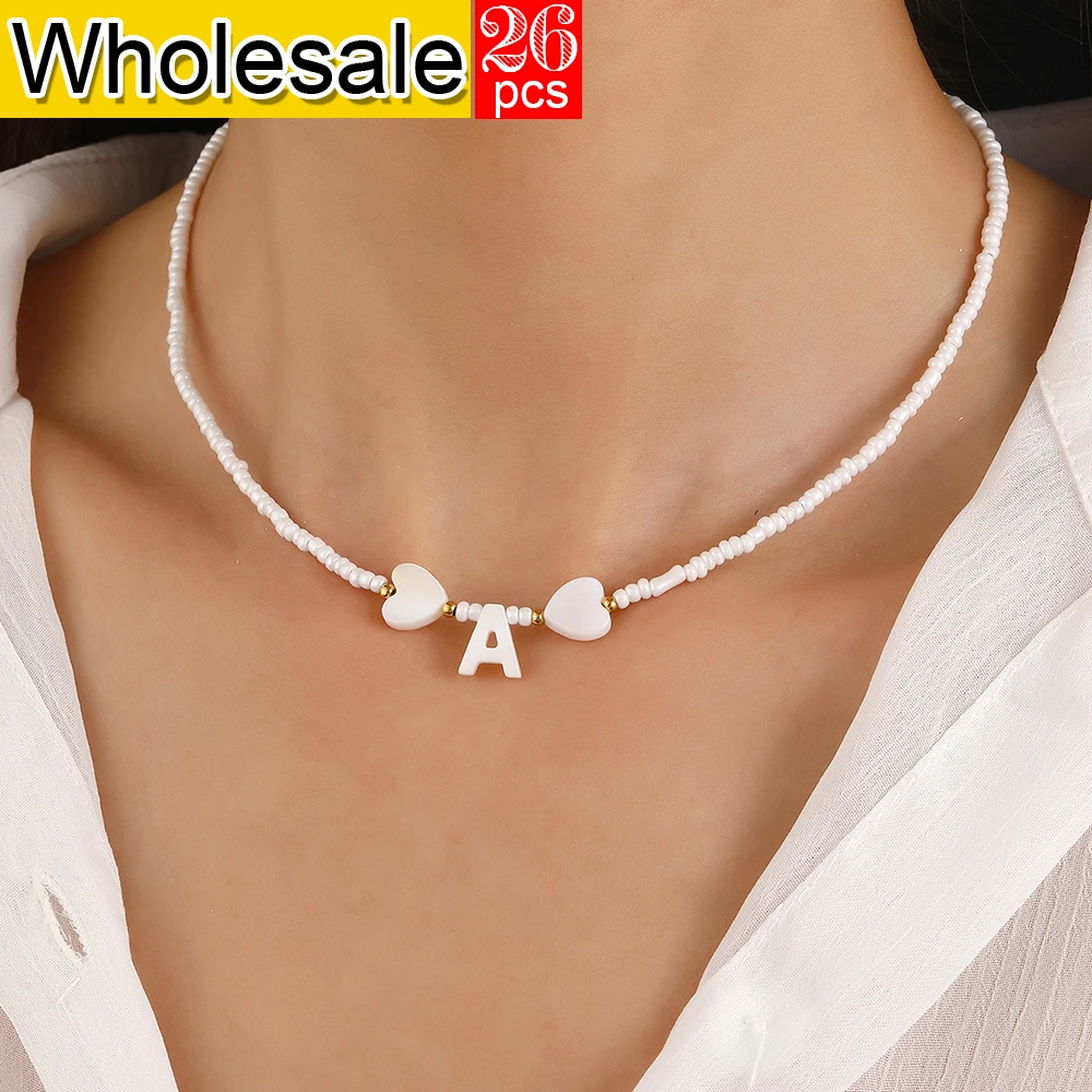 

26PCS Summer Bohemian Heart shaped Shell A-Z Initial Women's Necklace White Bead Necklace Beach Collar Chain Wholesale