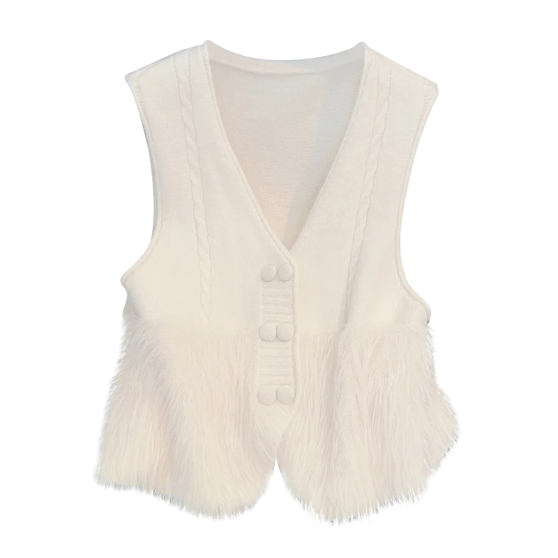 Faux Mink V-neck Knitted Sweater Vests Women Sleeveless Double-breasted Elegant Loose Tops 2023 Autumn Solid Fashion Chic Vest