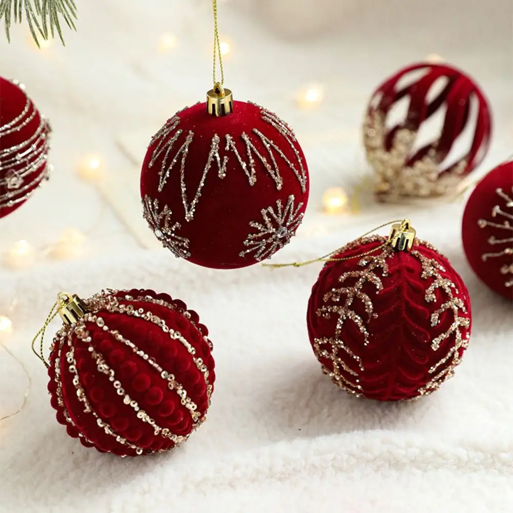 8cm Velvet Christmas Ball Pendant Glitter Flocked Christmas Hanging Balls Set Shatterproof Reusable Xmas Tree Ornaments