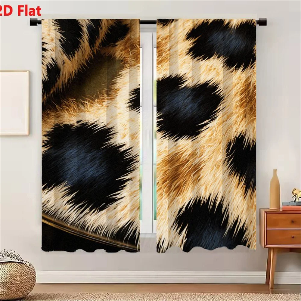 2Pcs Curtains 2D Flat Light Tan Beige Leopard Cheetah Print Fur Fabric With Long Coarse Spiky Fibers Textured Furry Appearance I