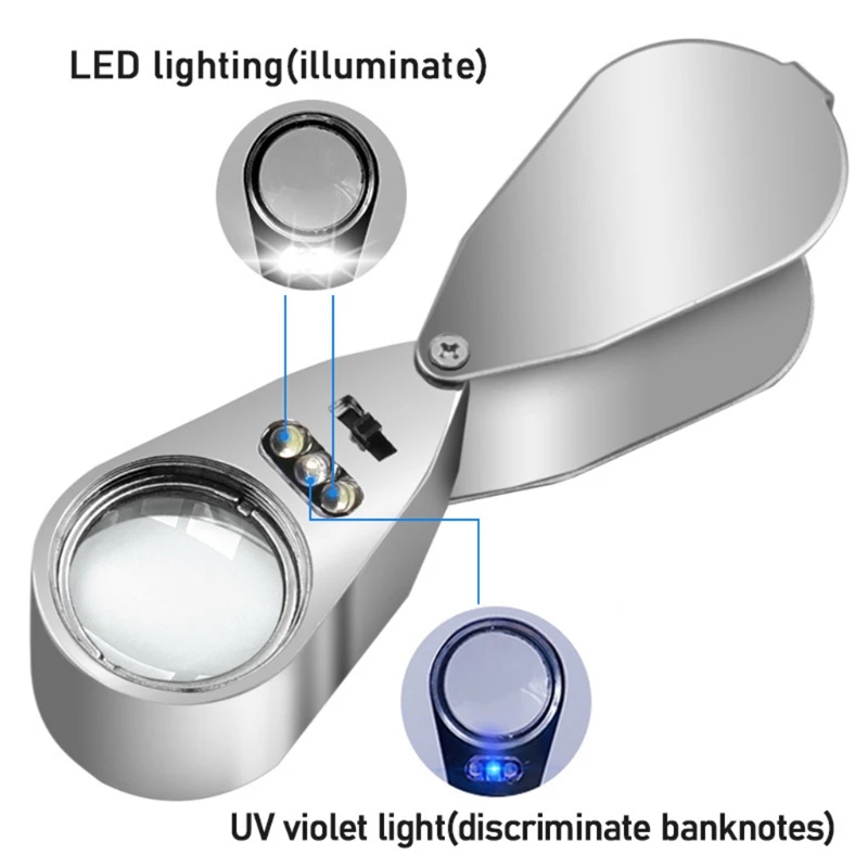 Kaca Pembesar Lensa UV LED Perhiasan Bercahaya 40X dengan Konstruksi Logam 94PD