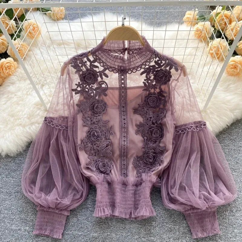 Elegant Mesh Lace Embroidery Women Blouse Lantern Sleeve See Through Sexy Shirt Women Vinatge Lady Slim Tops with Lining 25914