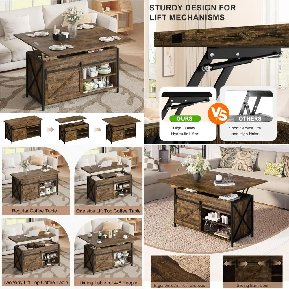 

Журнальный столик с подъемным верхом и раздвижной дверью для хранения, многофункциональный трансформируемый чайный столик 4 в 1, со скрытым отделением, фермерский