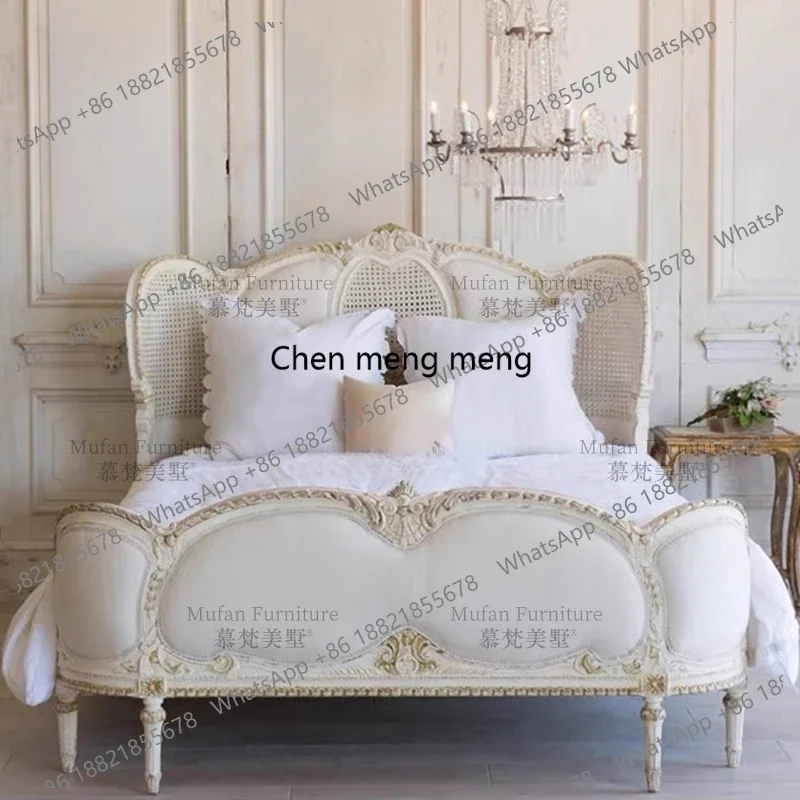 

American solid wood retro rattan double bed modern soft backrest soft bag bed master bedroom wedding bed customization