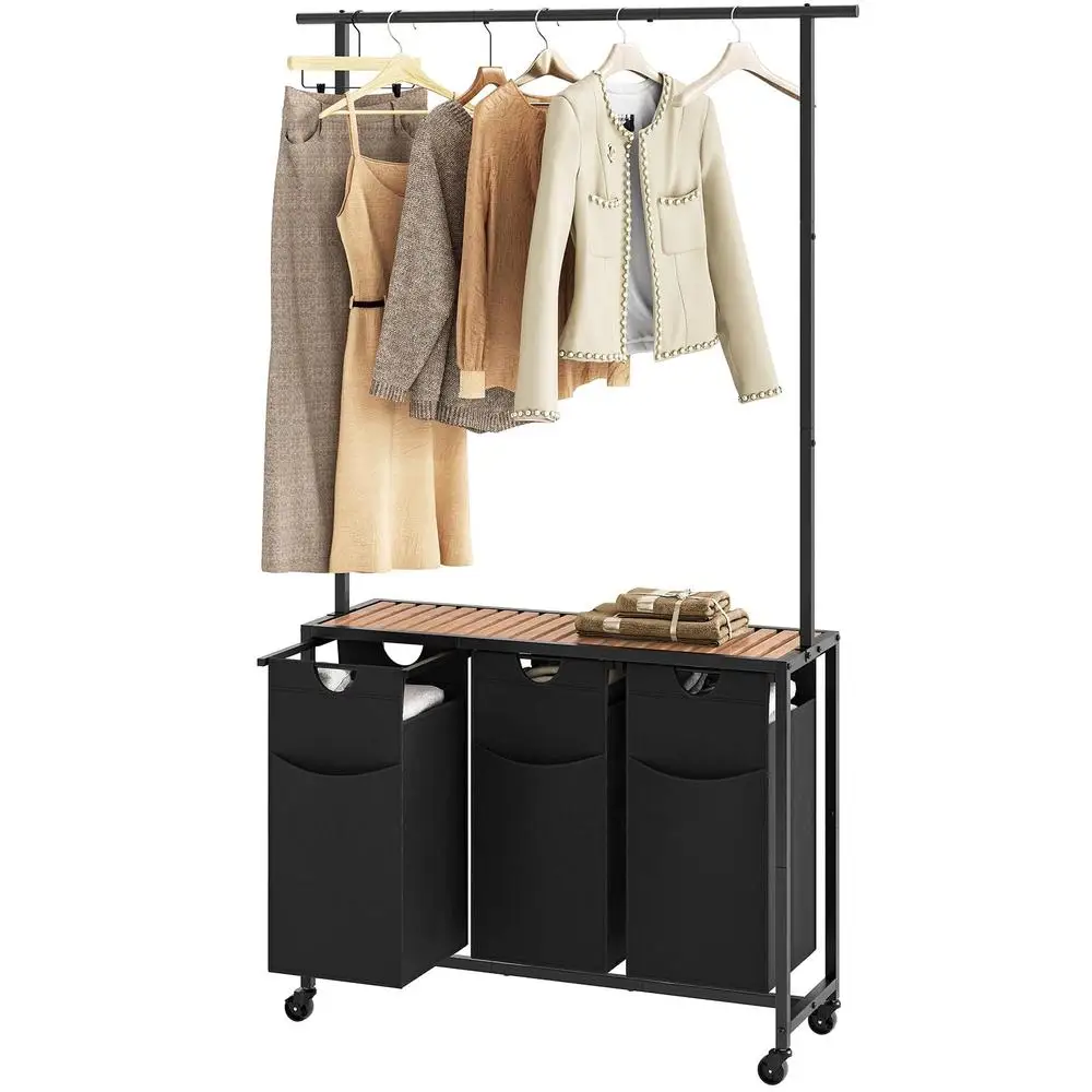 3-Section Laundry Sorter with Hanging Rack Drawers and Wheels Classified Organization Open Shelf Rolling Hamper Sturdy Metal