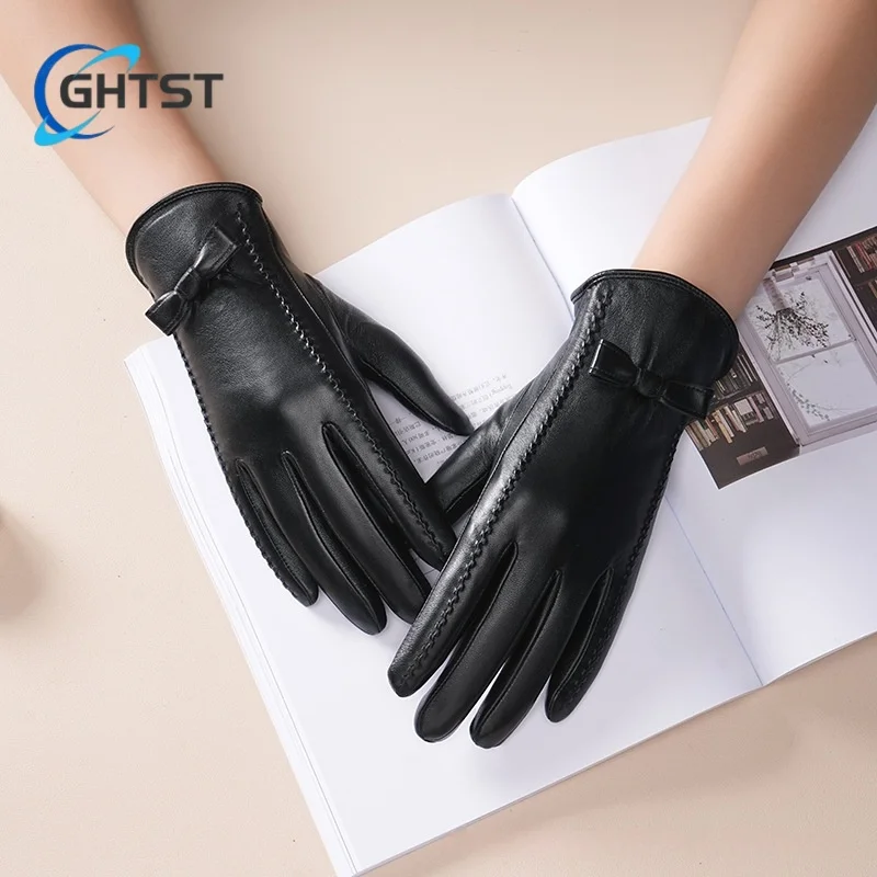 New Design Fashion Women Gloves Lambskin Leather Driving Gloves  Bow Riding Glove Fall Windproof Winter Accessories