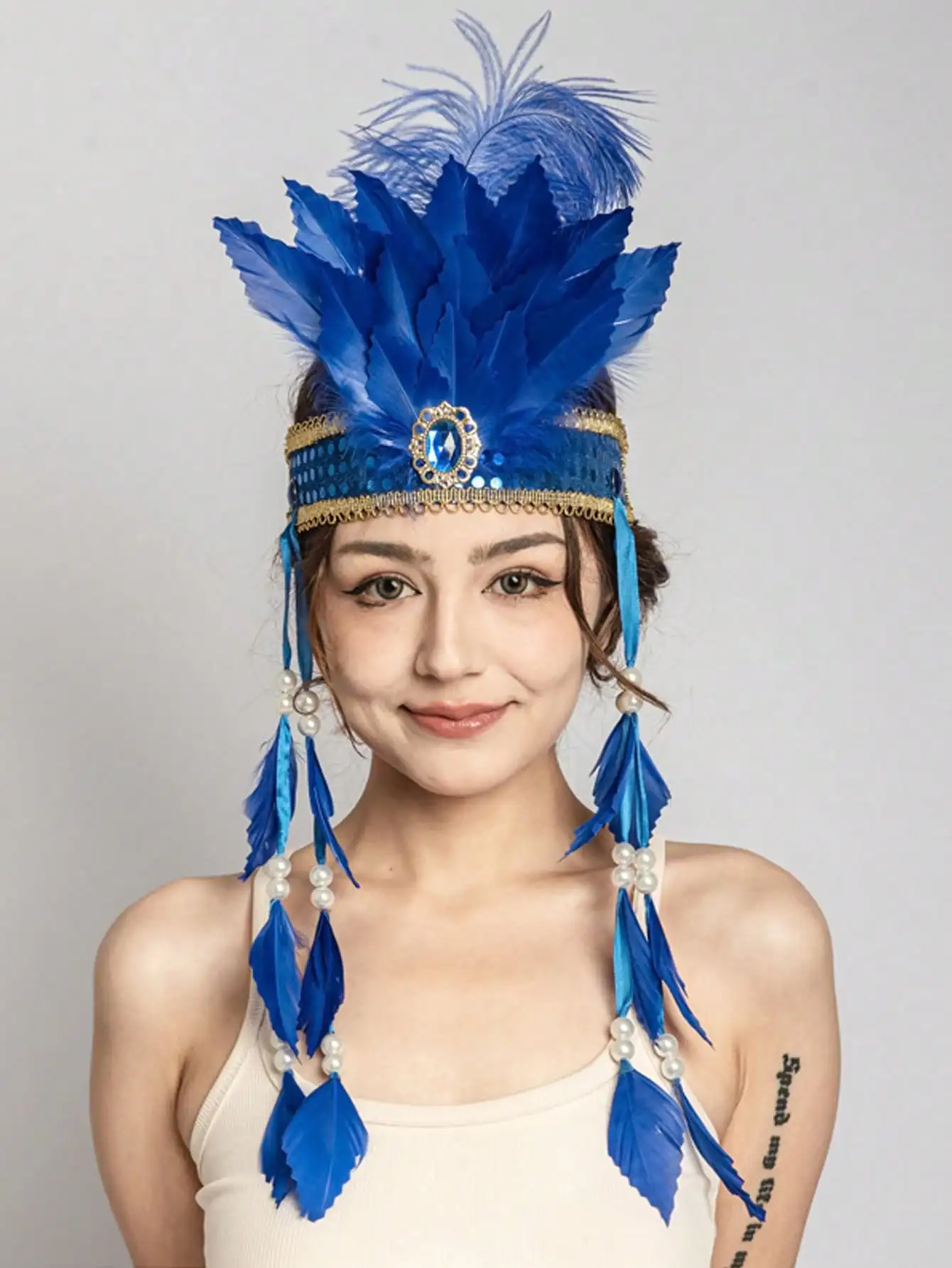 Masquerade Artificial Feather Headdress Sequins Rhinestones and Feather Tassels for Stage Performances Parties and Festivals