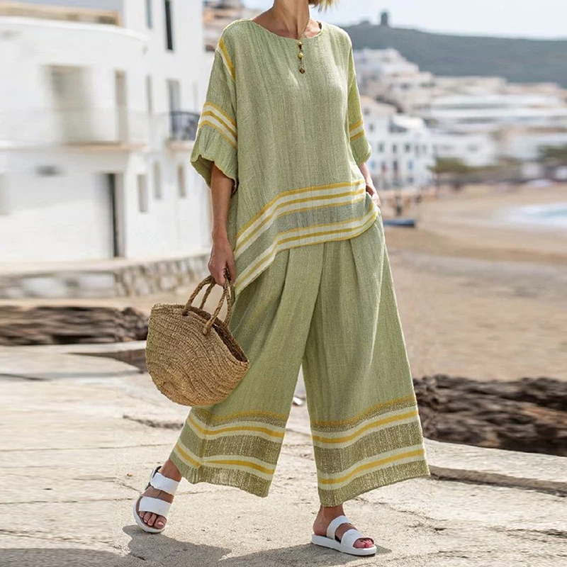 

Весенний топ с коротким рукавом и круглым вырезом, повседневный комплект брюк, женский винтажный свободный костюм в контрастную полоску с принтом, комплект из 2 предметов, женская одежда для отпуска, 2025 г.