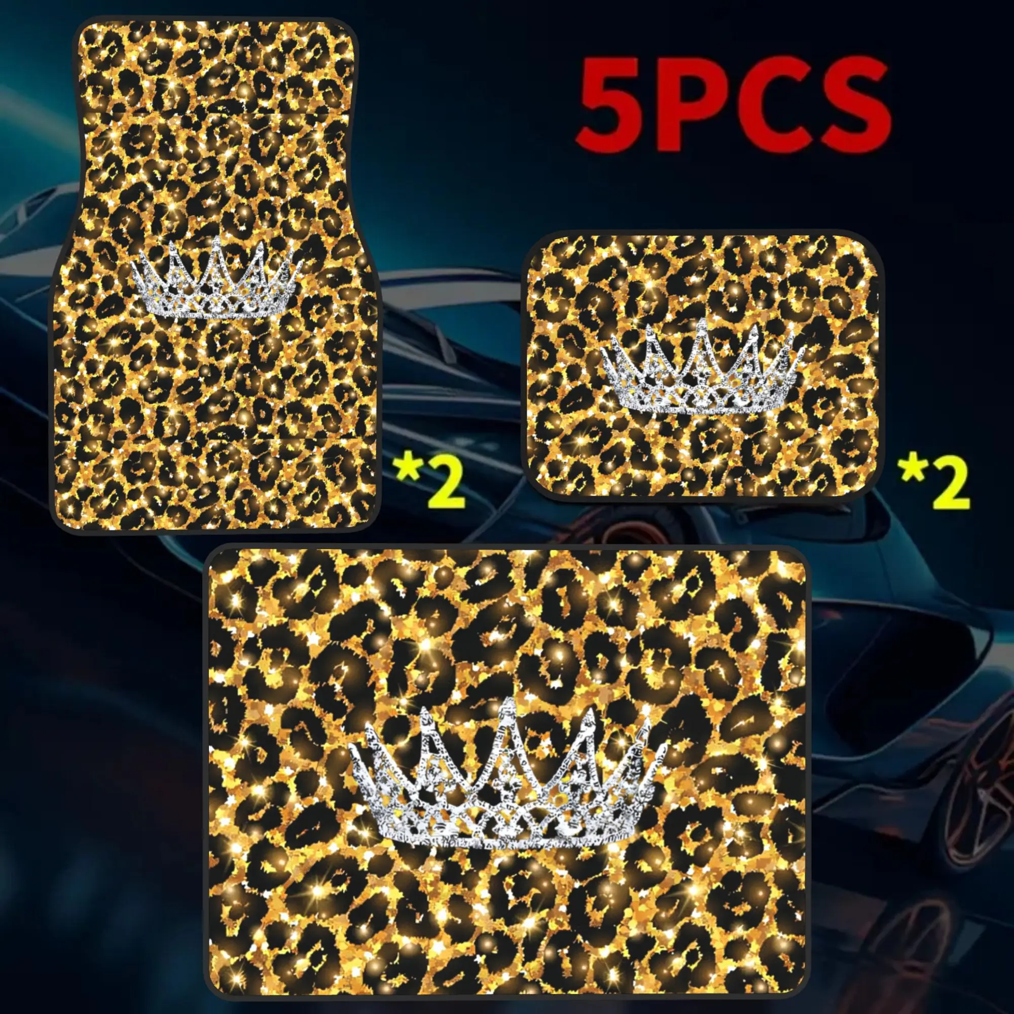 2D Flat 5pcs Leopard Print Crown 4 Car Floor Mats And 1 Car Trunk Mat Set, Stylish Vehicle Additions, Perfect Gift For Halloween