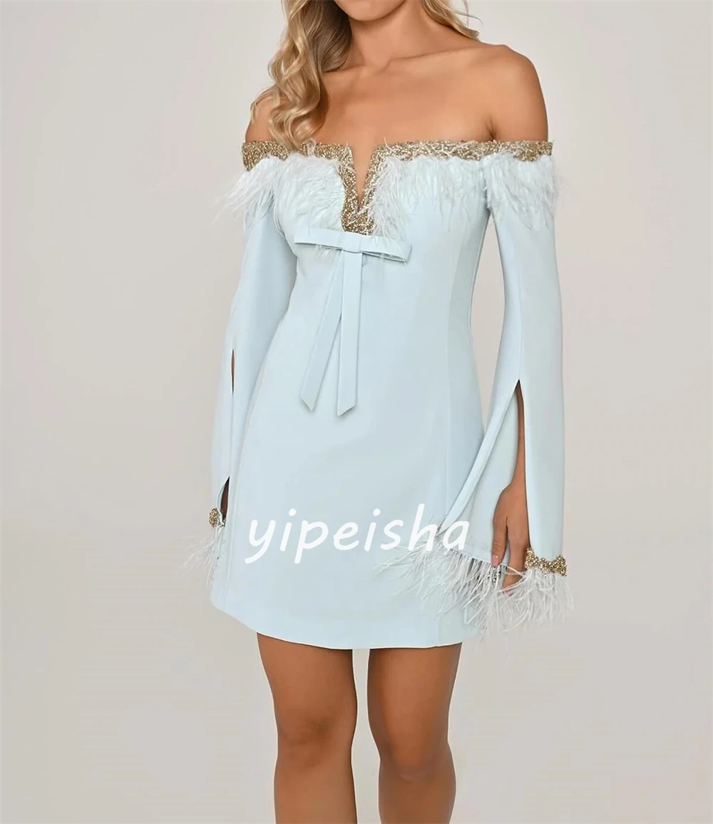 Robe à Plis à Paillettes en Jersey Personnalisé pour Anniversaire, Tenue Trapèze à Épaules Dénudées, sur Mesure, pour Occasions Courtes