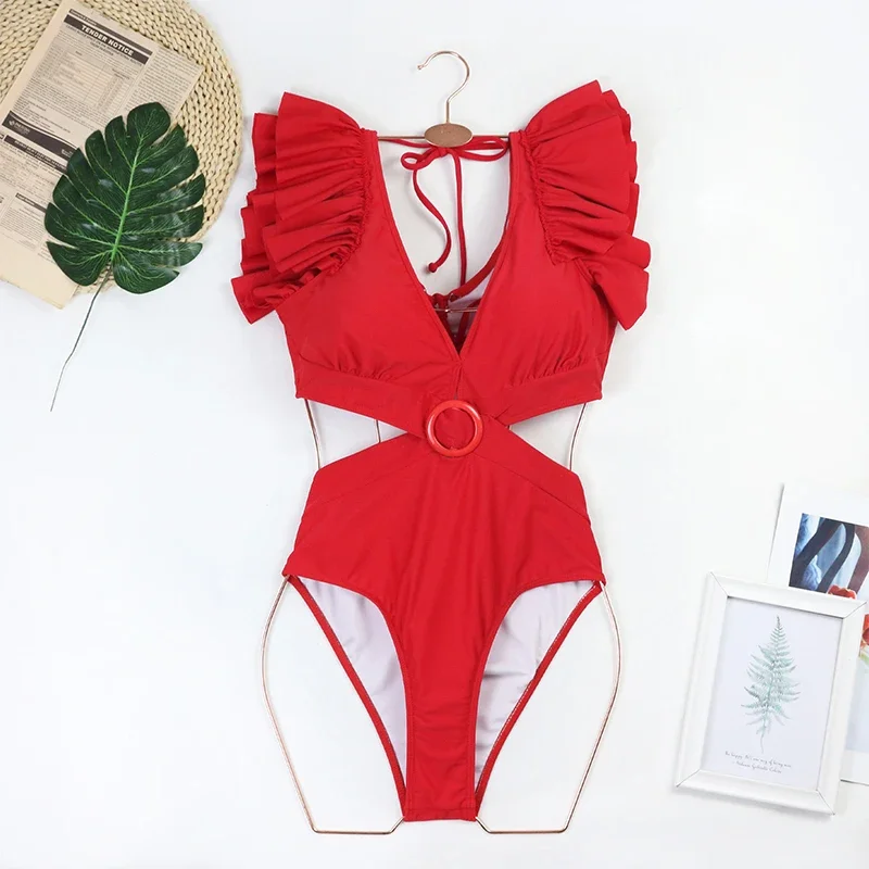 2024 Women Swimwear One-Piece Swimsuit Ruffled Hollow Bandage Printed Puff Sleeve Bikinis Set Summer Beachwear Bathing Suit image 6