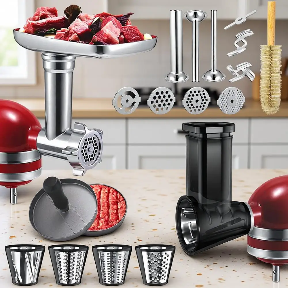 

Мясорубка, измельчитель, слайсер, стационарный миксер, измельчитель продуктов, насадки для колбас, терка для сыра, салатница, аксессуары для приготовления бургеров