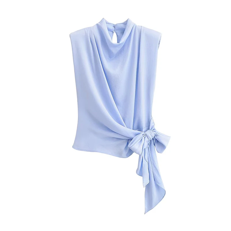 

YENKYE Fashion New Women Light Blue Sleeveless Blouse High Neck Wrap Side Bow Tie Elegant Satin Summer Tops