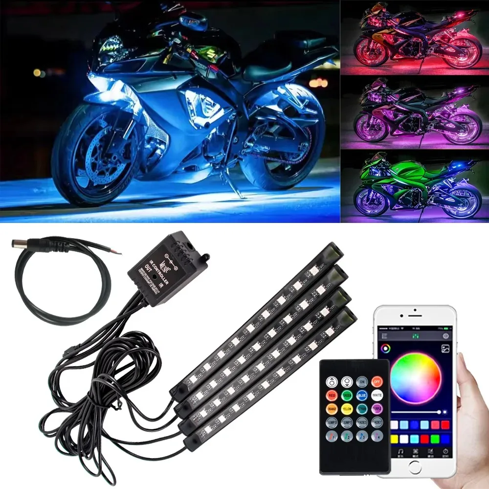 

LED Motorcycle Car Atmosphere Foot Light RGB APP Remote Control Flexible Waterproof Remote Sound 12V Moto Decorative Lamp Strips