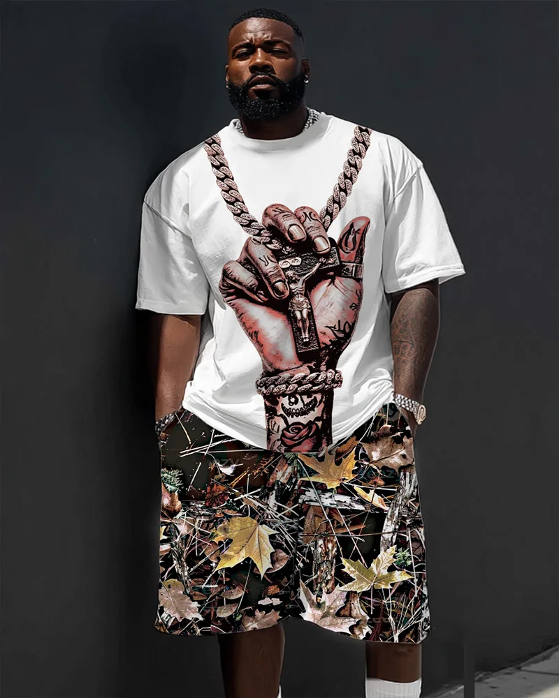 

S-9XL Men's Large Size Hip Hop Short Sleeve T-shirt Shorts Two-piece Set