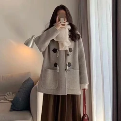 Cow Horn Buckle Hooded Tweed Jacket Women 2023 Autumn and Winter Tweed Coat Loose Cute Versatile Solid Color Coat Female