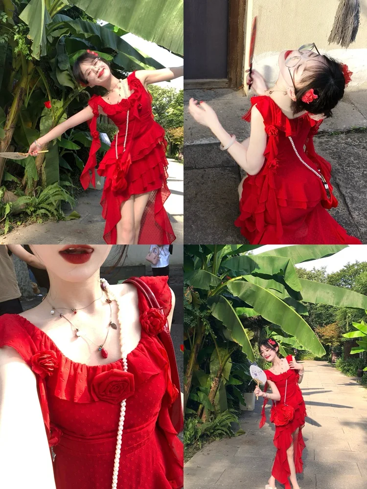 

ALITTLE My Little Red Rose Print Summer Vaion Dr Irregular Hem Polka Dot Print Square Neline Svel Women's Dr