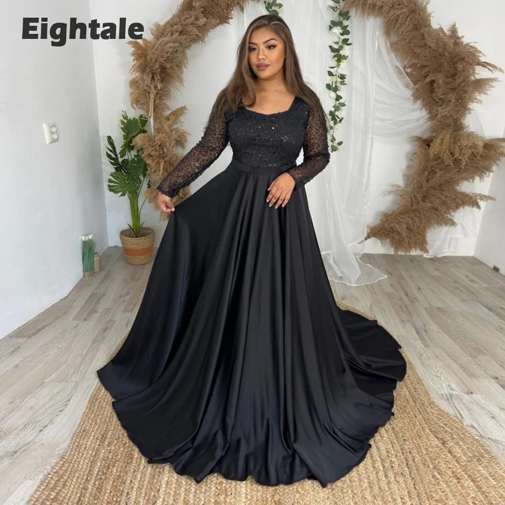 

Eightale Plus Size Evening Dress Satin Long Sleeves Shiny A-Line Belt Prom Gowns Celebrity Wedding Party Dress Vestidos De Noch