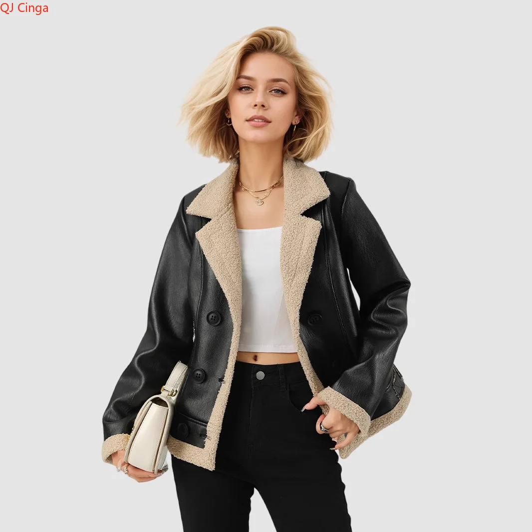 새로운 겨울용 블랙 여성 인조 가죽 시어링 안감 모토 재킷 - 아늑한 따뜻함과 엣지 있는 스타일.