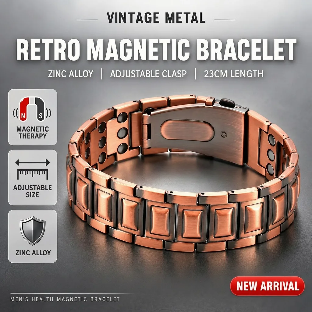 Zinc Alloy Magnetic Therapy Bracelet for Men Copper Tone Fold Clasp Bangle 23cm 2.1cm 90g Heavy Duty Wristband Gift Watchband