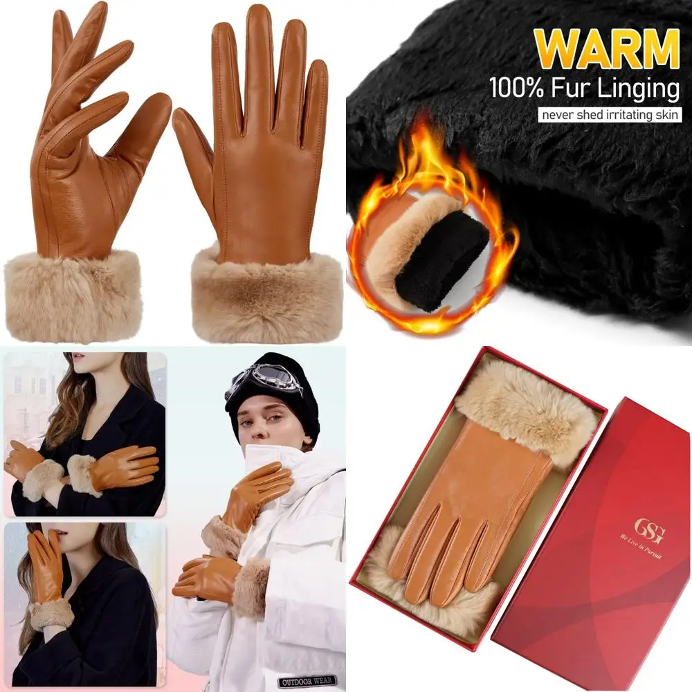 

Multicolor Rabbit Fur Cuff Women's Leather Gloves with Touchscreen Feature for Warm Winter Driving