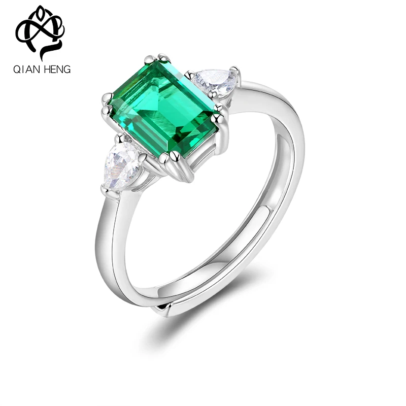 

Qian Heng Lab Grown Emerald Open Ring S925 Sterling Silver for Women Fine Fashion Design Jewelry Gift Party Wedding Lady's