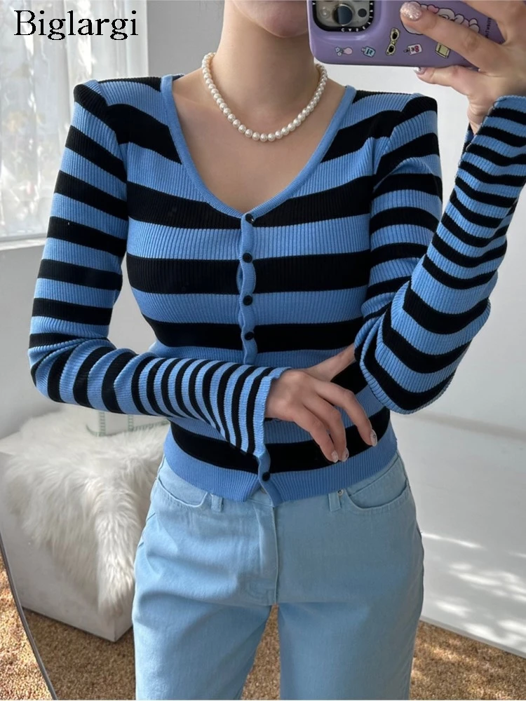 

Вязаный осенний корейский кардиган женский тонкий облегающий сексуальный модный женский укороченный кардиган с v-образным вырезом полосатый принт женский свитер топы