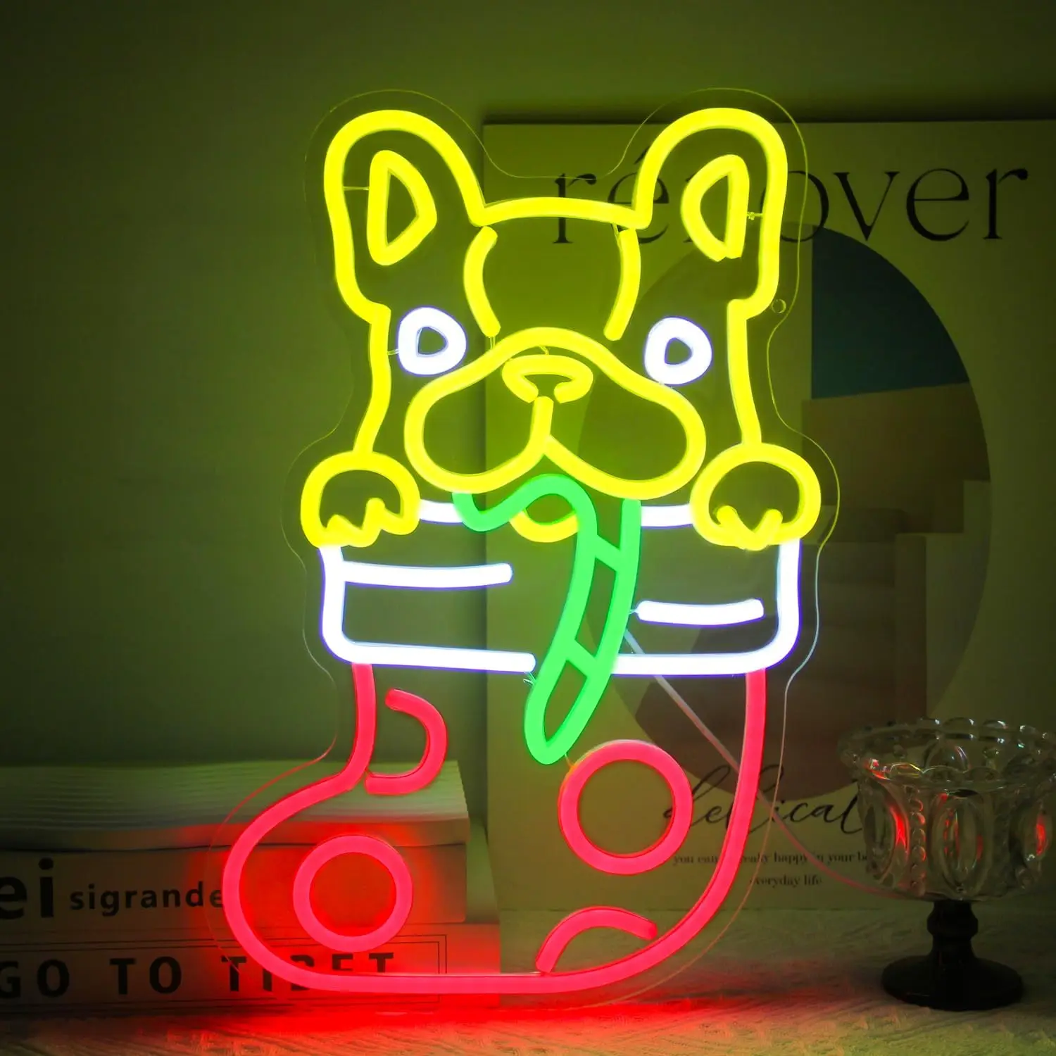 French Bulldog Christmas Stocking Neon Sign LED Neon Light USB Powered Wall Lamp for Christmas Party Bedroom Home Decor Gift