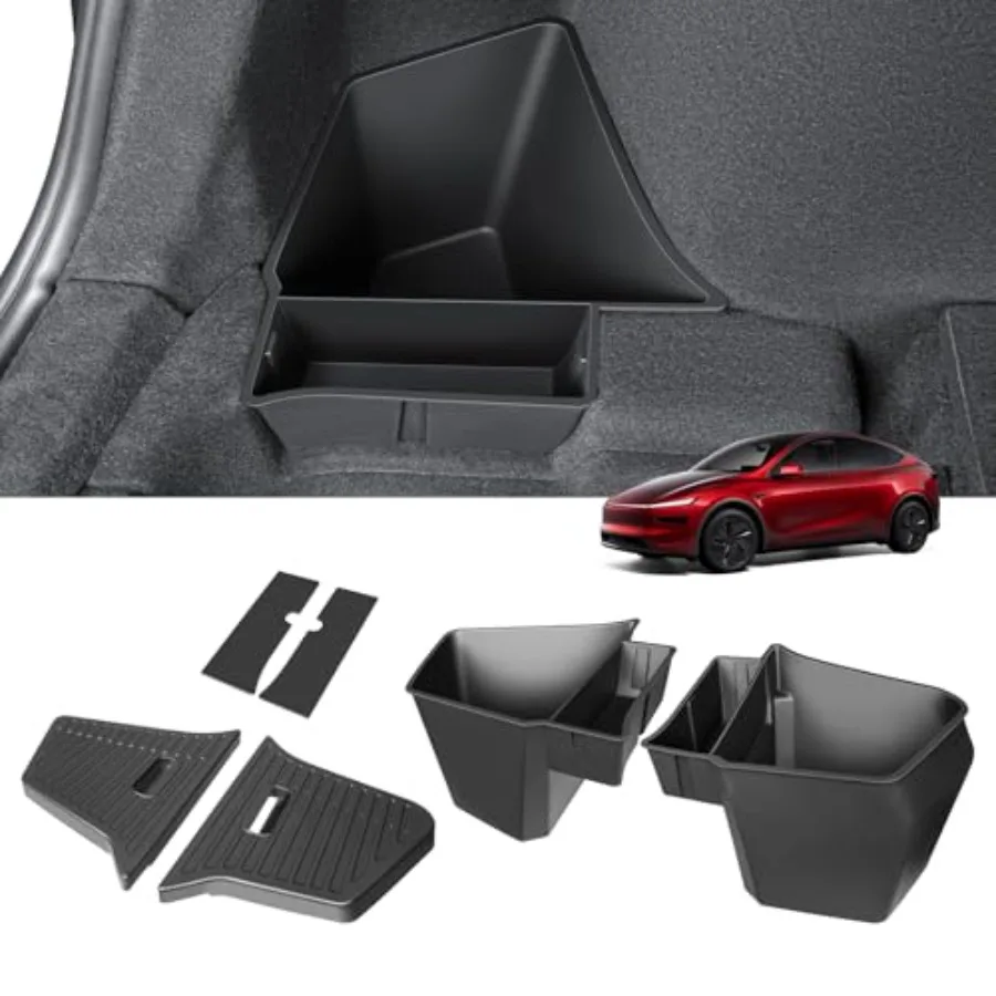 2PCS Rear Trunk Storage Bins with Lids for Model Y Juniper 5 Seater, TPE Side Cargo Organizer Boxes Rear Trunk Containers for N